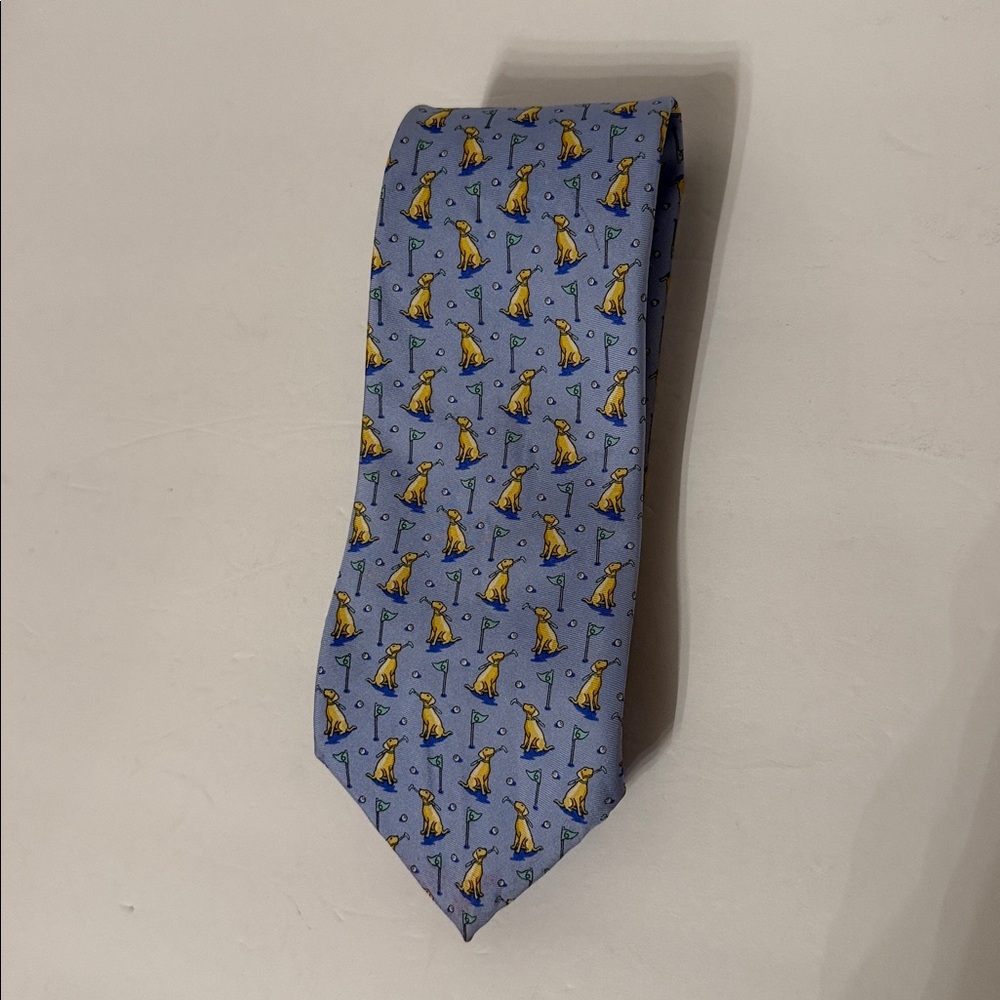 BIRD DOG BAY MENS TIE ACCESSORY DOG AND GOLF THEME BLUE YELLOW SILK USA HANDMADE